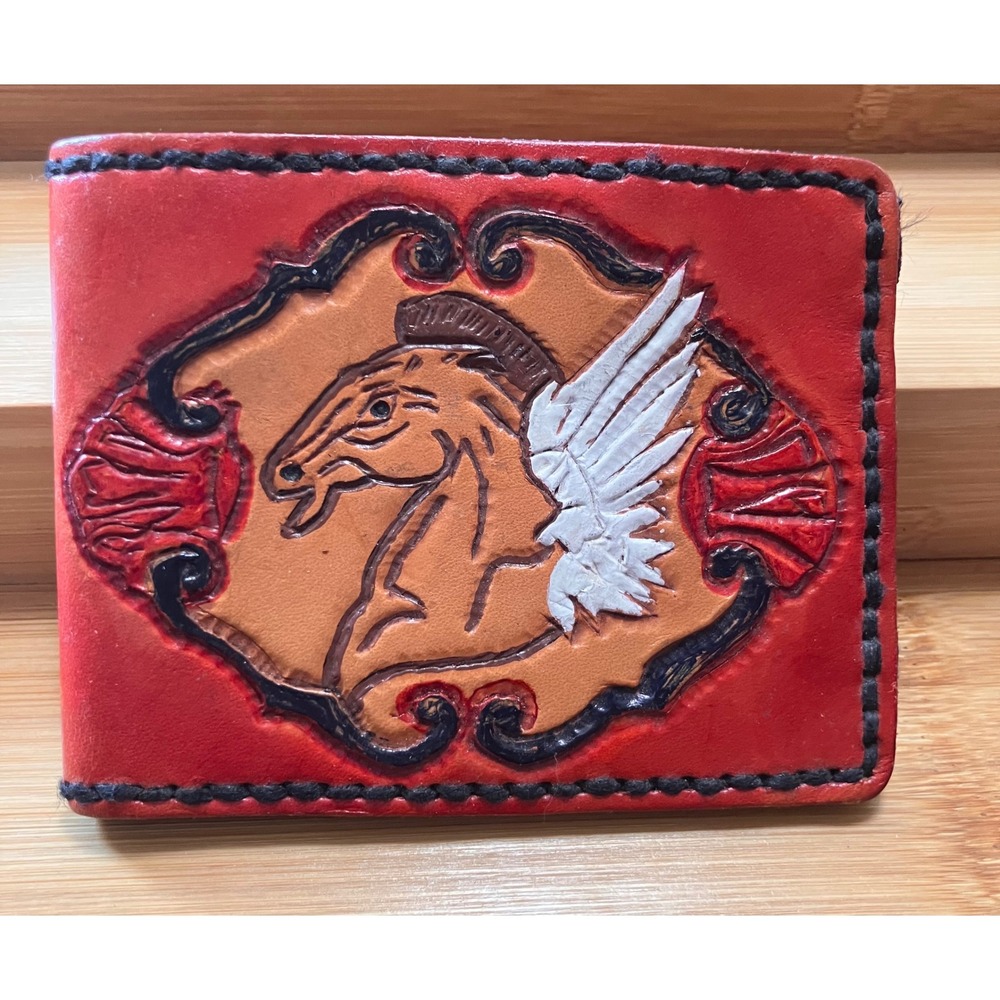 Vintage Bifold Wallet Mens OS Red Tooled Leather Pegasus Handcrafted Western